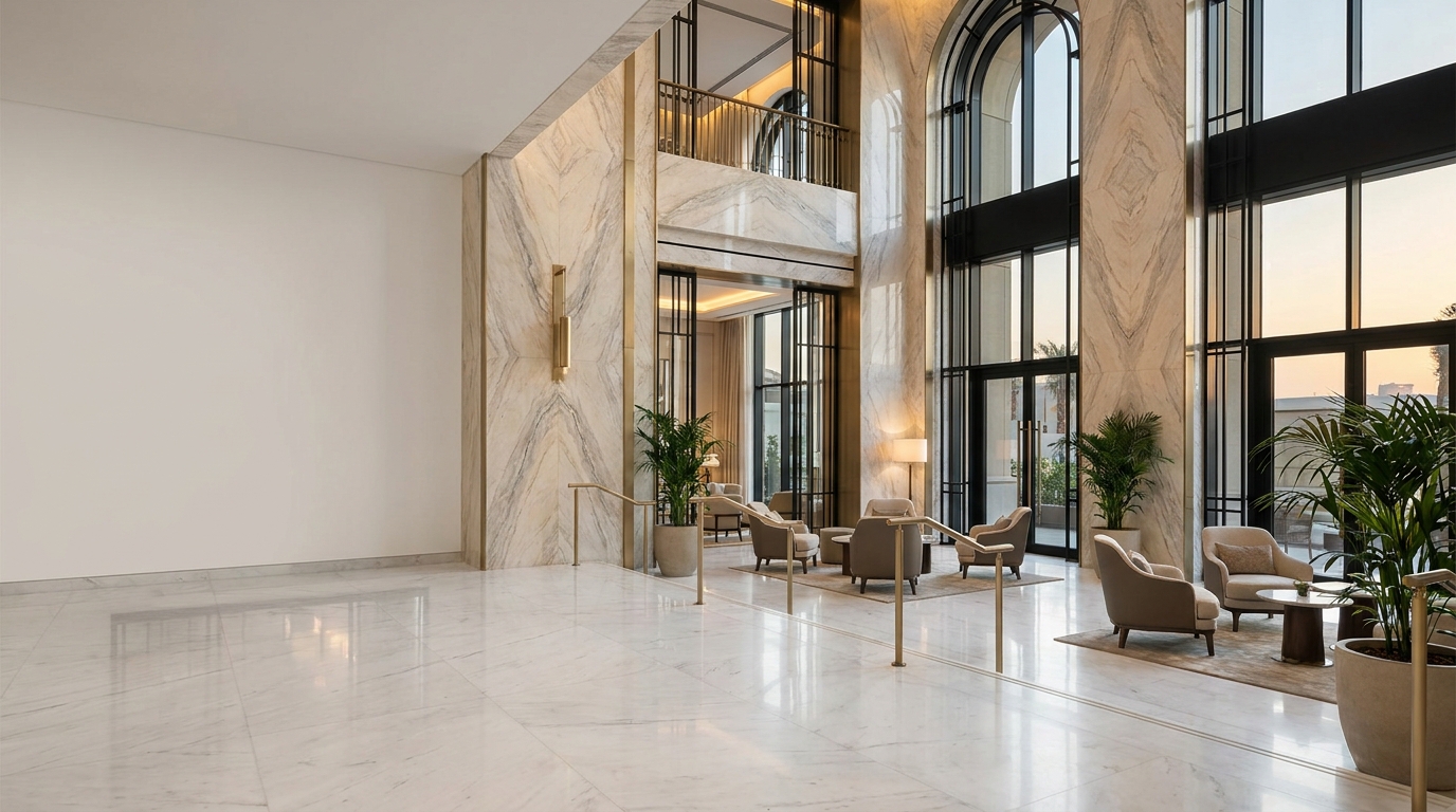 Natural stone shaping monumental hospitality space